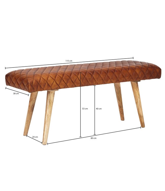 Wohnling bank echt leer / massief houten bank 115x53x38 cm | 2-zits gestoffeerde bankhal eetkamer bruin | Kleine lederen bedbank Halmeubels halbank