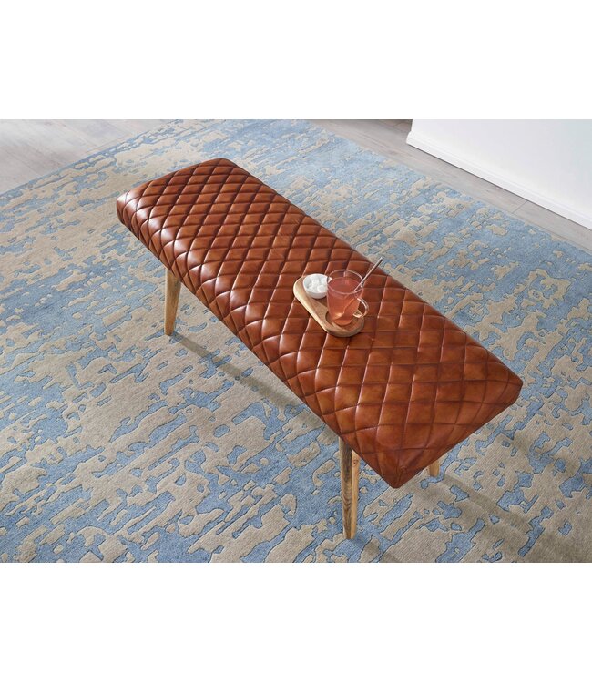 Wohnling bank echt leer / massief houten bank 115x53x38 cm | 2-zits gestoffeerde bankhal eetkamer bruin | Kleine lederen bedbank Halmeubels halbank