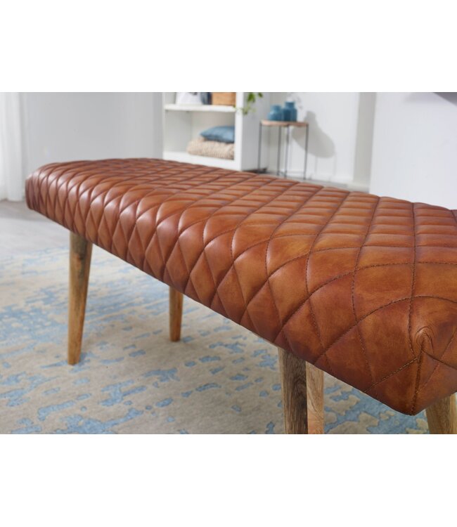 Wohnling bank echt leer / massief houten bank 115x53x38 cm | 2-zits gestoffeerde bankhal eetkamer bruin | Kleine lederen bedbank Halmeubels halbank