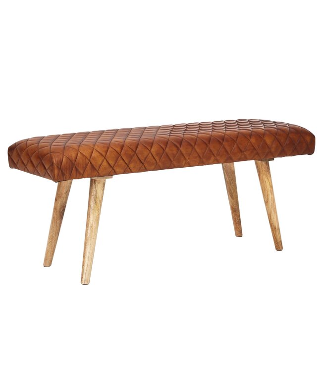 Wohnling bank echt leer / massief houten bank 115x53x38 cm | 2-zits gestoffeerde bankhal eetkamer bruin | Kleine lederen bedbank Halmeubels halbank