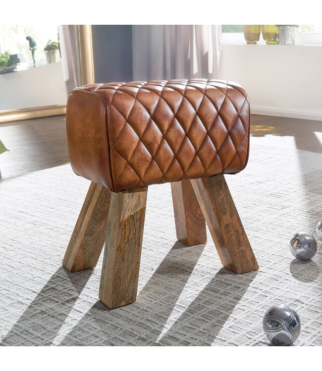 Wohnling kruk echt leer / massief hout 40x48x27 cm Moderne voetenbank | Turnbock lederen kruk bruin | Kleine kruk Gestoffeerde houten kruk met lederen bekleding