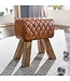 Wohnling kruk echt leer / massief hout 40x48x27 cm Moderne voetenbank | Turnbock lederen kruk bruin | Kleine kruk Gestoffeerde houten kruk met lederen bekleding