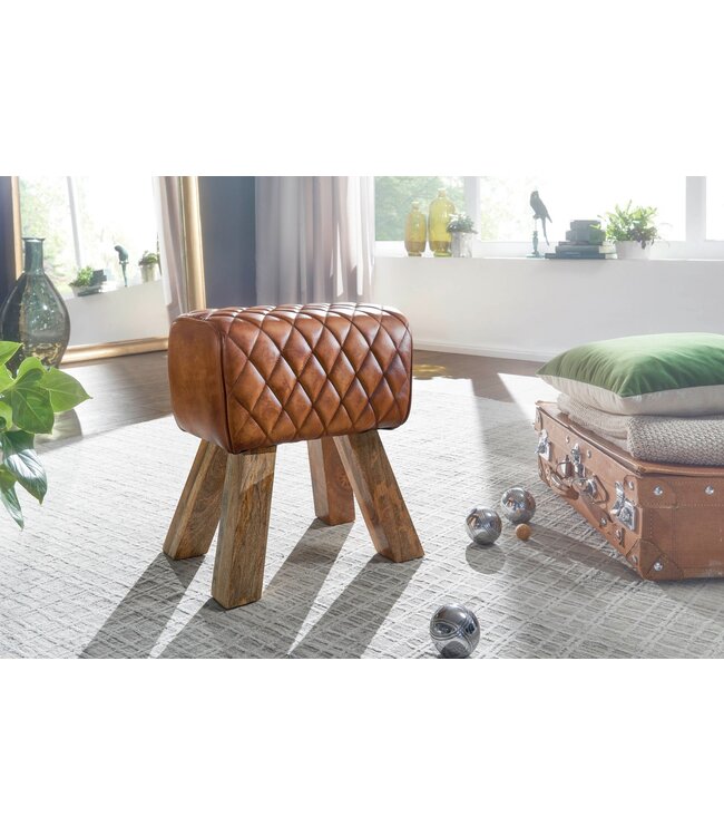 Wohnling kruk echt leer / massief hout 40x48x27 cm Moderne voetenbank | Turnbock lederen kruk bruin | Kleine kruk Gestoffeerde houten kruk met lederen bekleding