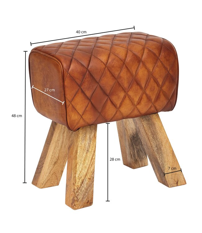 Wohnling kruk echt leer / massief hout 40x48x27 cm Moderne voetenbank | Turnbock lederen kruk bruin | Kleine kruk Gestoffeerde houten kruk met lederen bekleding