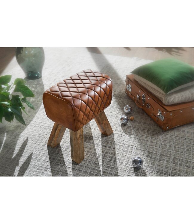 Wohnling kruk echt leer / massief hout 40x48x27 cm Moderne voetenbank | Turnbock lederen kruk bruin | Kleine kruk Gestoffeerde houten kruk met lederen bekleding