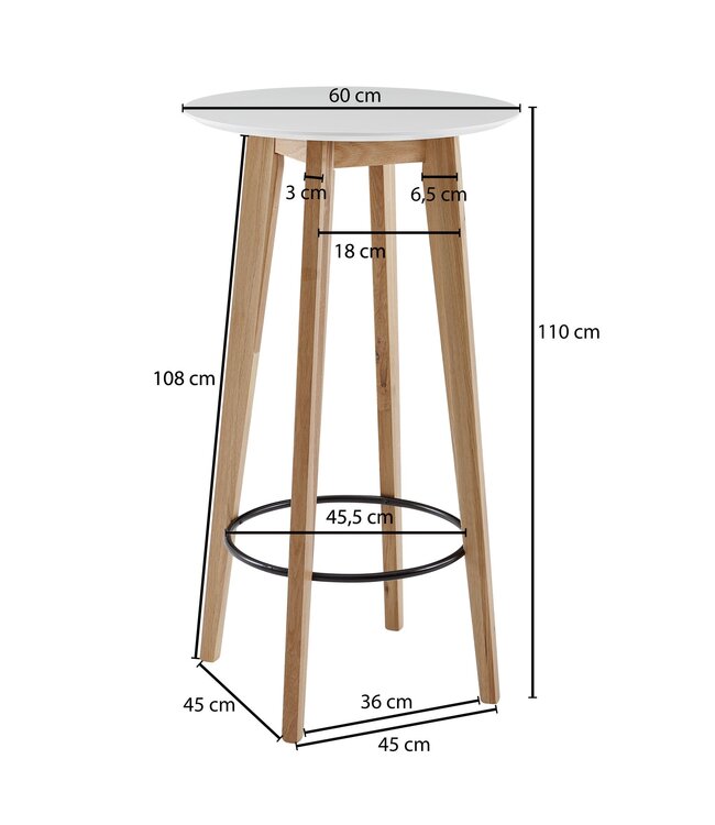 Wohnling tafel 60x110x60 cm wit rond | Bartafel voor 4 personen | Moderne tafel voor bar | Design partytafel hout | Scandinavisch eiken hoge tafel
