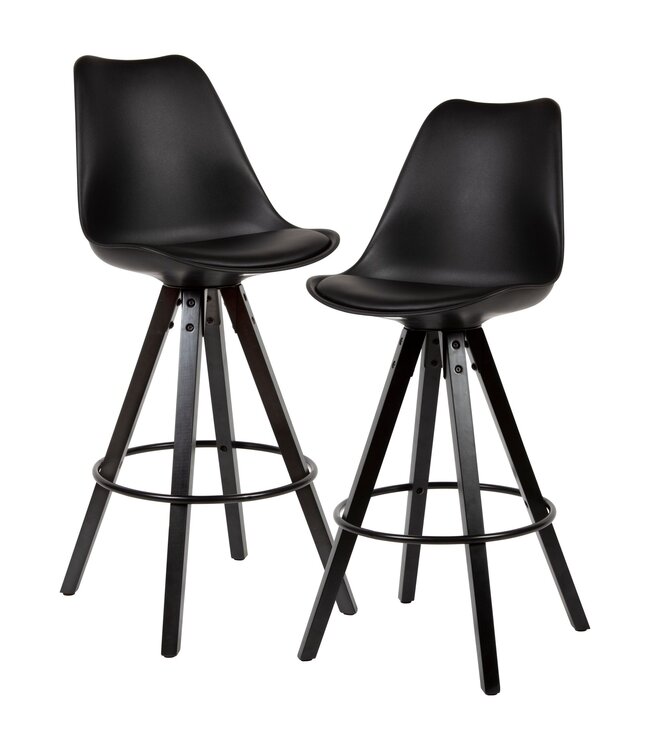 Wohnling Set van 2 barkrukken zwart kunstleer / massief hout | Design barstoel Scandinavisch 2 stuks met zwarte poten | Tegenkruk met rugleuning zithoogte 77 cm