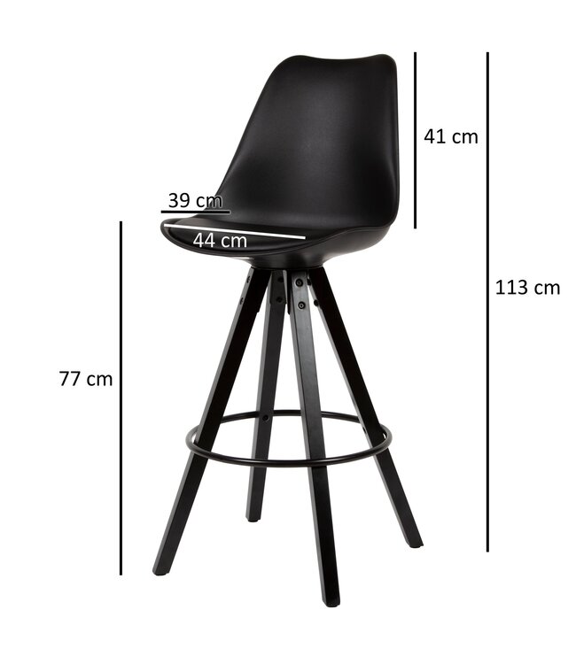 Wohnling Set van 2 barkrukken zwart kunstleer / massief hout | Design barstoel Scandinavisch 2 stuks met zwarte poten | Tegenkruk met rugleuning zithoogte 77 cm