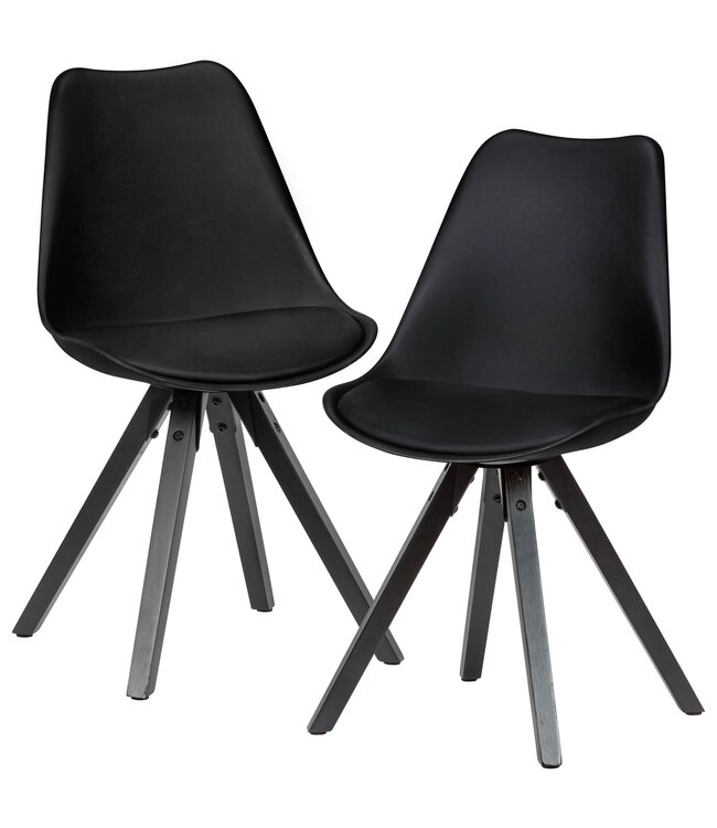 Wohnling Set van 2 retro eetkamerstoelen zwart met zwarte poten | Scandinavisch gestoffeerde stoel met rugleuning | Keukenstoel bekleed met kunstleer