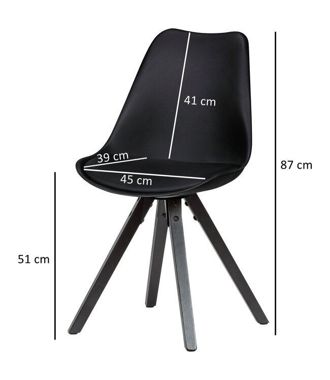 Wohnling Set van 2 retro eetkamerstoelen zwart met zwarte poten | Scandinavisch gestoffeerde stoel met rugleuning | Keukenstoel bekleed met kunstleer