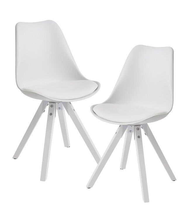 Wohnling Set van 2 Retro Eetkamerstoelen Wit Scandinavisch | Rugleuning gestoffeerde stoel | Keukenstoel met witte poten | Stoel bekleed met kunstleer
