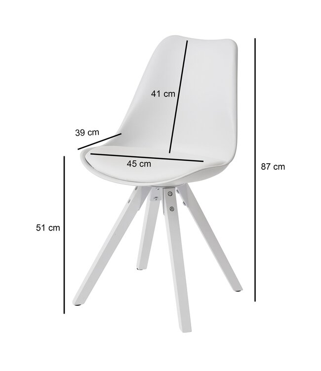 Wohnling Set van 2 Retro Eetkamerstoelen Wit Scandinavisch | Rugleuning gestoffeerde stoel | Keukenstoel met witte poten | Stoel bekleed met kunstleer