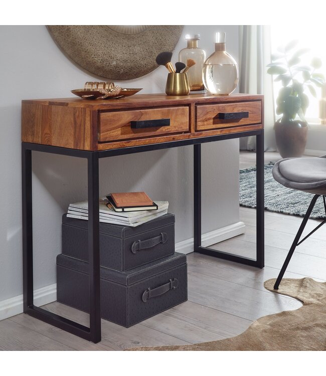 Wohnling console  Sheesham massief hout / metaal 90x76x36 cm hal tafel | Dressoir salontafel smal | Design bureau modern