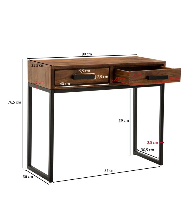 Wohnling console  Sheesham massief hout / metaal 90x76x36 cm hal tafel | Dressoir salontafel smal | Design bureau modern