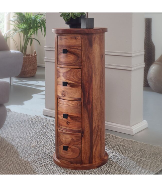 Wohnling design dressoir sheesham massief hout 35x85x35 cm | Kast met 4 lades | Smalle zijkast, massief | Mini dressoir rond