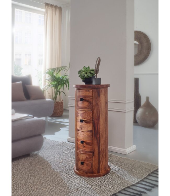 Wohnling design dressoir sheesham massief hout 35x85x35 cm | Kast met 4 lades | Smalle zijkast, massief | Mini dressoir rond