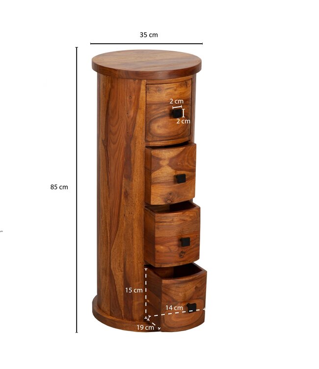 Wohnling design dressoir sheesham massief hout 35x85x35 cm | Kast met 4 lades | Smalle zijkast, massief | Mini dressoir rond