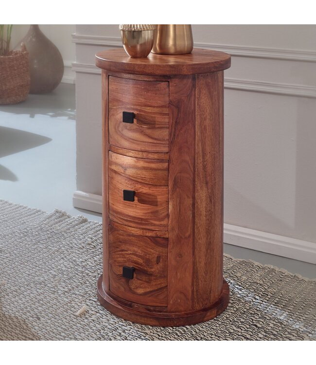 Wohnling design dressoir sheesham massief hout 35x65x35 cm | Kast met 3 lades | Smalle zijkast, massief | Mini dressoir rond