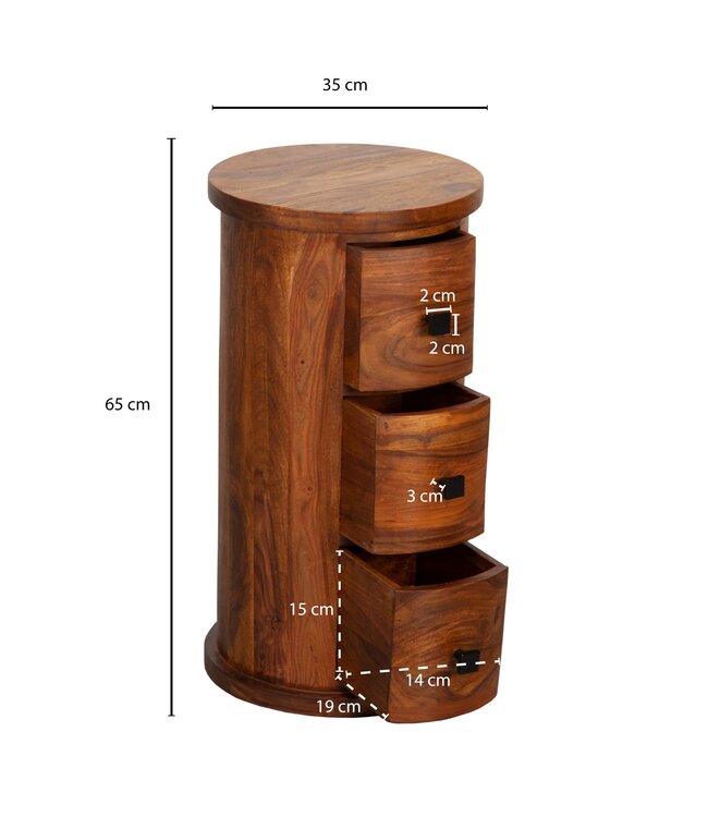 Wohnling design dressoir sheesham massief hout 35x65x35 cm | Kast met 3 lades | Smalle zijkast, massief | Mini dressoir rond