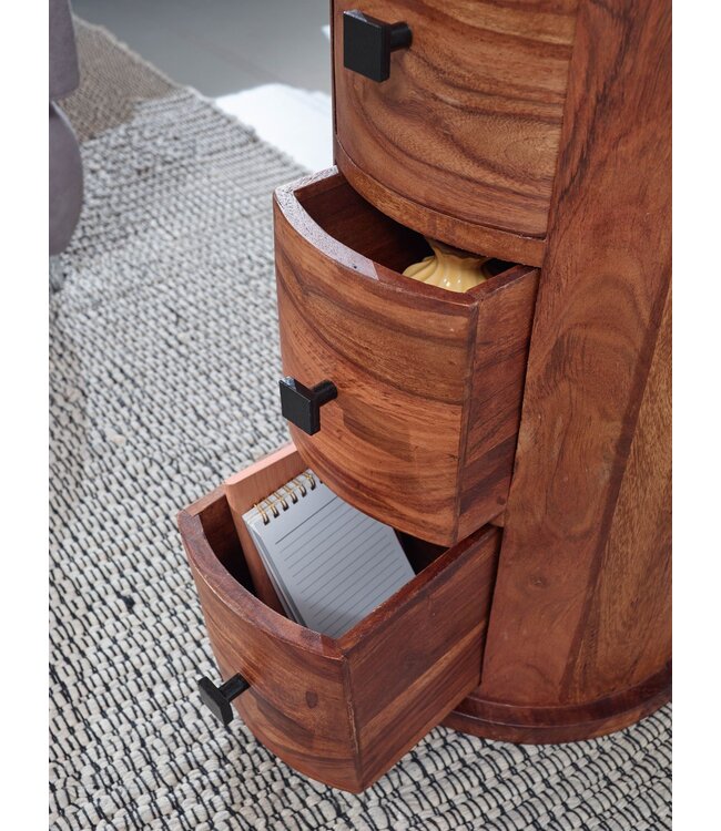 Wohnling design dressoir sheesham massief hout 35x65x35 cm | Kast met 3 lades | Smalle zijkast, massief | Mini dressoir rond