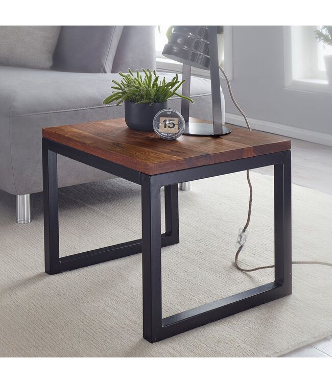 Wohnling bijzettafel 45x40x45 cm Sheesham massief houten / metalen salontafel | Houten designtafel in industriële stijl | Tafel woonkamer | Kleine stevige salontafel