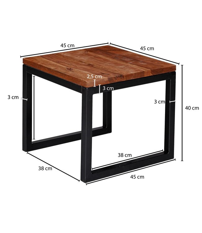 Wohnling bijzettafel 45x40x45 cm Sheesham massief houten / metalen salontafel | Houten designtafel in industriële stijl | Tafel woonkamer | Kleine stevige salontafel
