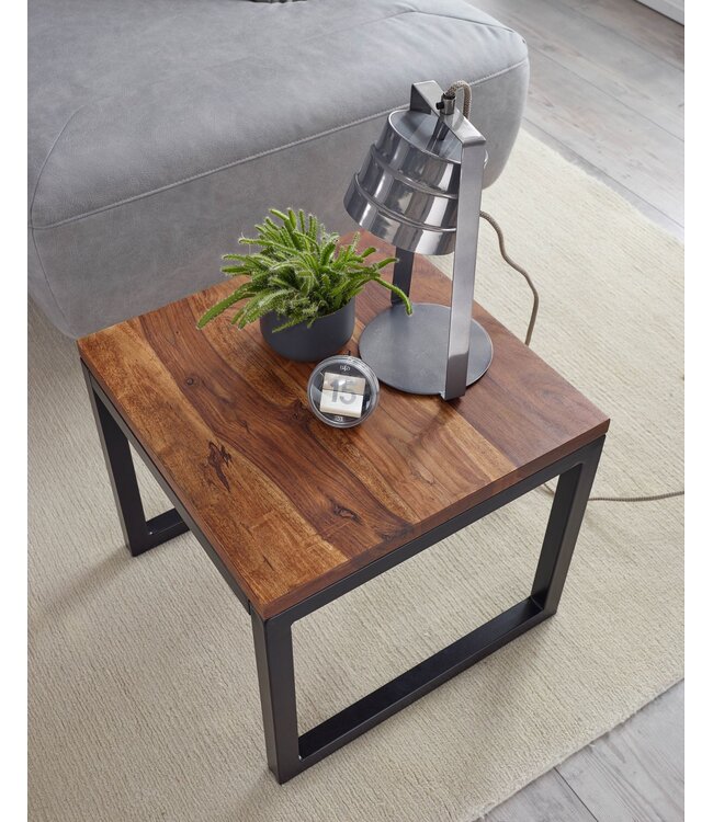 Wohnling bijzettafel 45x40x45 cm Sheesham massief houten / metalen salontafel | Houten designtafel in industriële stijl | Tafel woonkamer | Kleine stevige salontafel