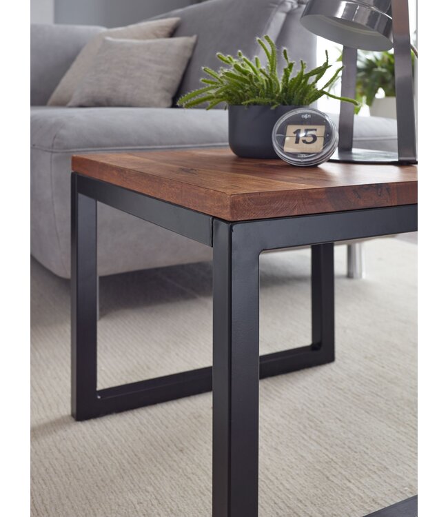 Wohnling bijzettafel 45x40x45 cm Sheesham massief houten / metalen salontafel | Houten designtafel in industriële stijl | Tafel woonkamer | Kleine stevige salontafel