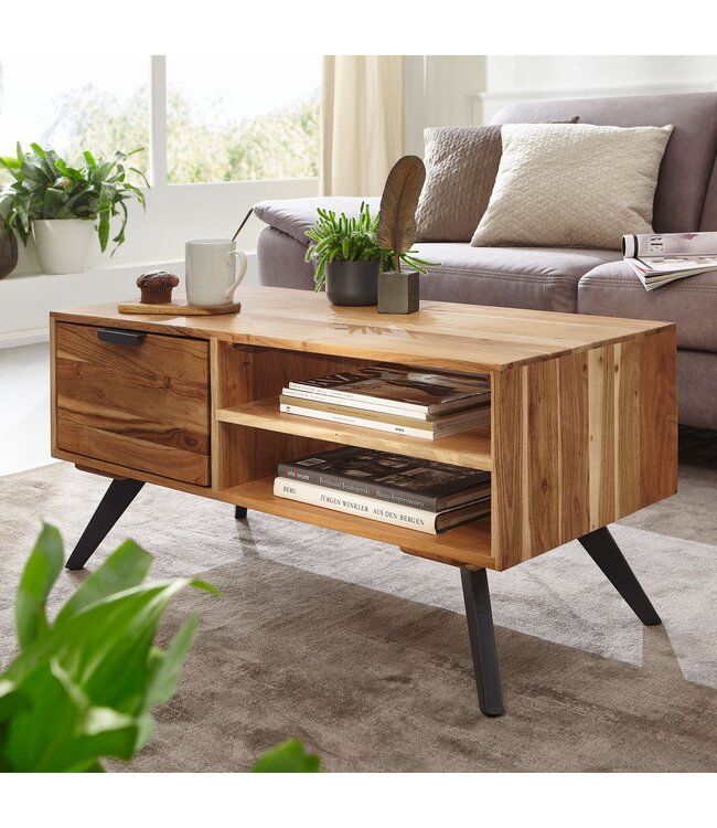 Wohnling salontafel 95x45x45 cm acacia salontafel massief hout rechthoekig | Houten tafel met opbergruimte | Salontafel met lade | Tafel woonkamer solide