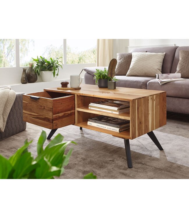 Wohnling salontafel 95x45x45 cm acacia salontafel massief hout rechthoekig | Houten tafel met opbergruimte | Salontafel met lade | Tafel woonkamer solide