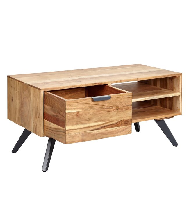 Wohnling salontafel 95x45x45 cm acacia salontafel massief hout rechthoekig | Houten tafel met opbergruimte | Salontafel met lade | Tafel woonkamer solide
