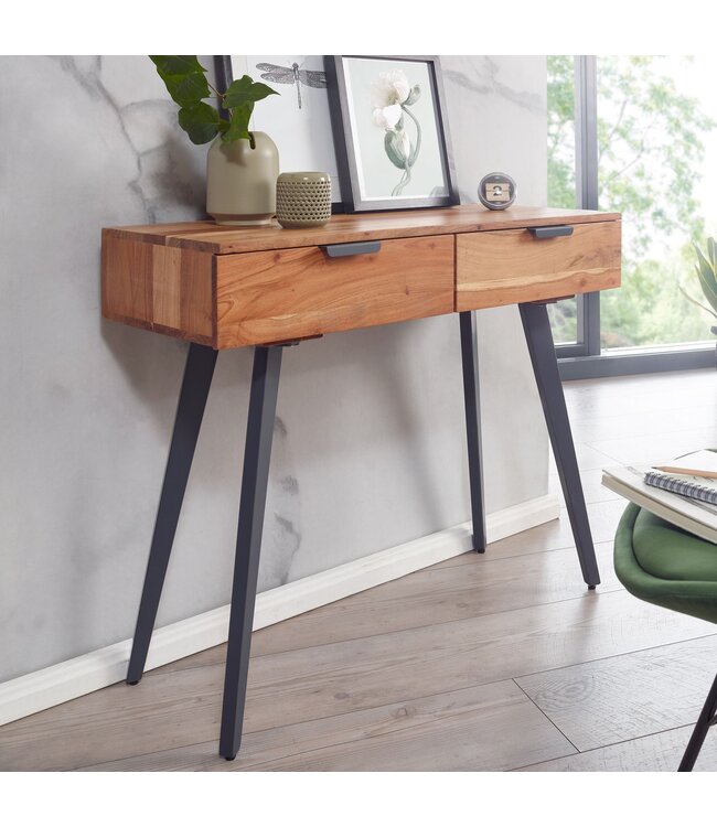 Wohnling Console tafel 90 x 78 x 36 cm Acacia Massief hout / Metaal Console met lades, Klein bureau met metalen poten, Kaptafel Dressoir Modern, Haltafel Massief