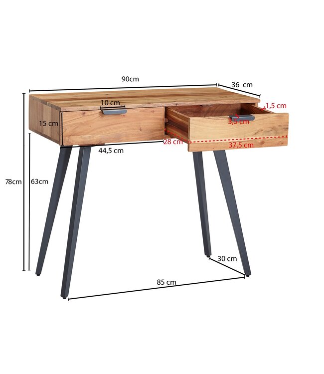 Wohnling Console tafel 90 x 78 x 36 cm Acacia Massief hout / Metaal Console met lades, Klein bureau met metalen poten, Kaptafel Dressoir Modern, Haltafel Massief