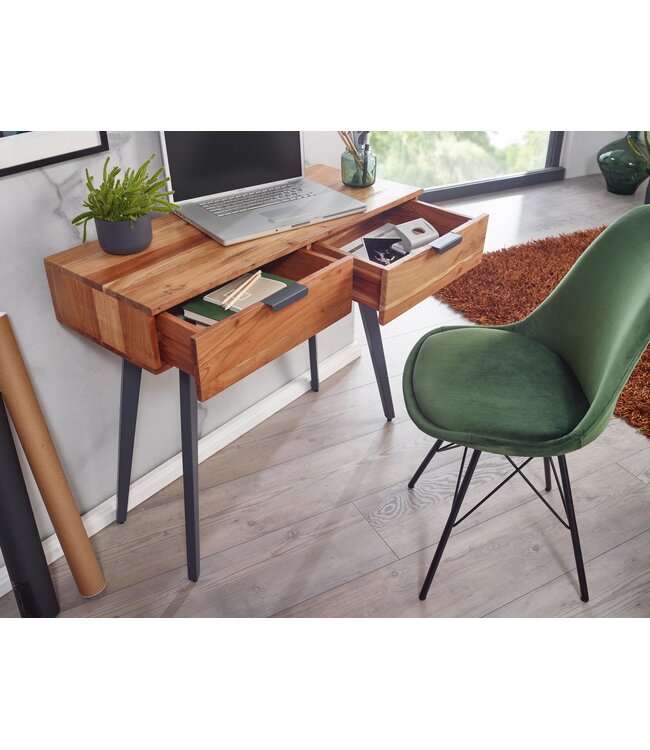 Wohnling Console tafel 90 x 78 x 36 cm Acacia Massief hout / Metaal Console met lades, Klein bureau met metalen poten, Kaptafel Dressoir Modern, Haltafel Massief