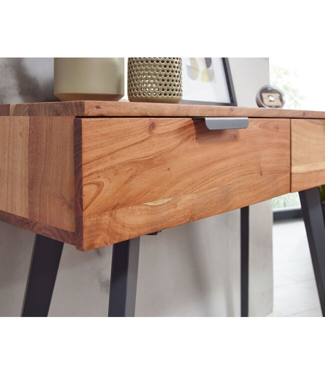 Wohnling Console tafel 90 x 78 x 36 cm Acacia Massief hout / Metaal Console met lades, Klein bureau met metalen poten, Kaptafel Dressoir Modern, Haltafel Massief