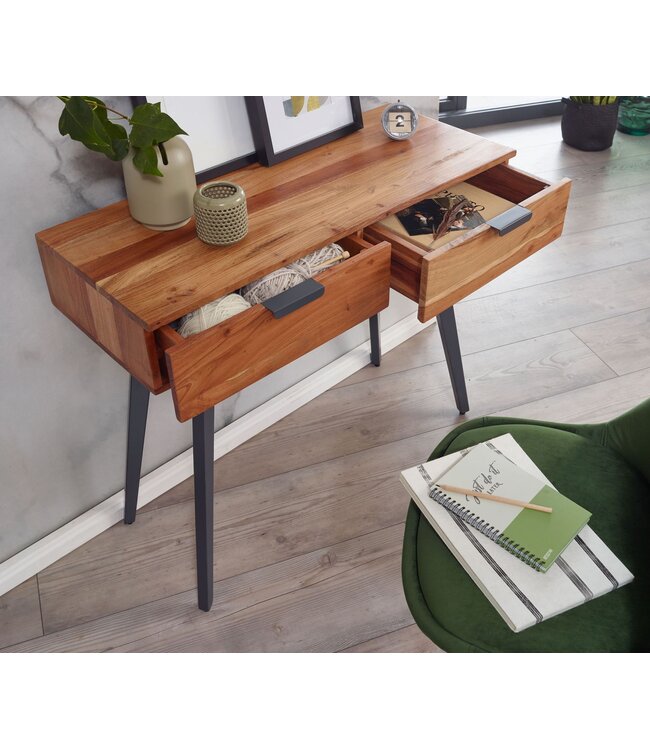 Wohnling Console tafel 90 x 78 x 36 cm Acacia Massief hout / Metaal Console met lades, Klein bureau met metalen poten, Kaptafel Dressoir Modern, Haltafel Massief