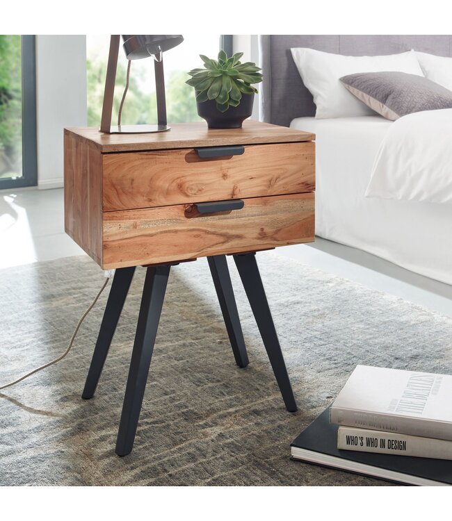 Wohnling Nachtkastje 47 x 65 x 35 cm Acacia Massief Hout Nachttafel Boxspringbed, Nachtkastje 2 Lades, Nachtkast Modern met Metalen Poten, Nachtkastje Massief