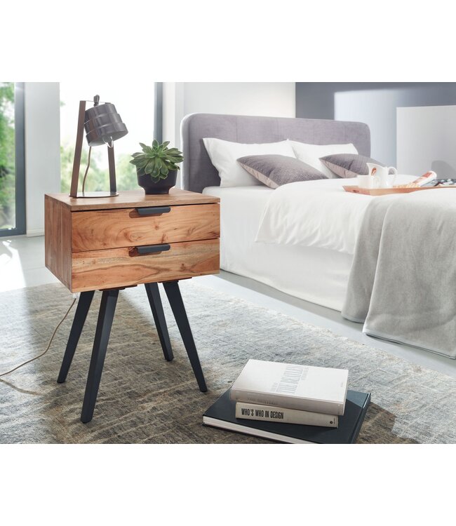Wohnling Nachtkastje 47 x 65 x 35 cm Acacia Massief Hout Nachttafel Boxspringbed, Nachtkastje 2 Lades, Nachtkast Modern met Metalen Poten, Nachtkastje Massief