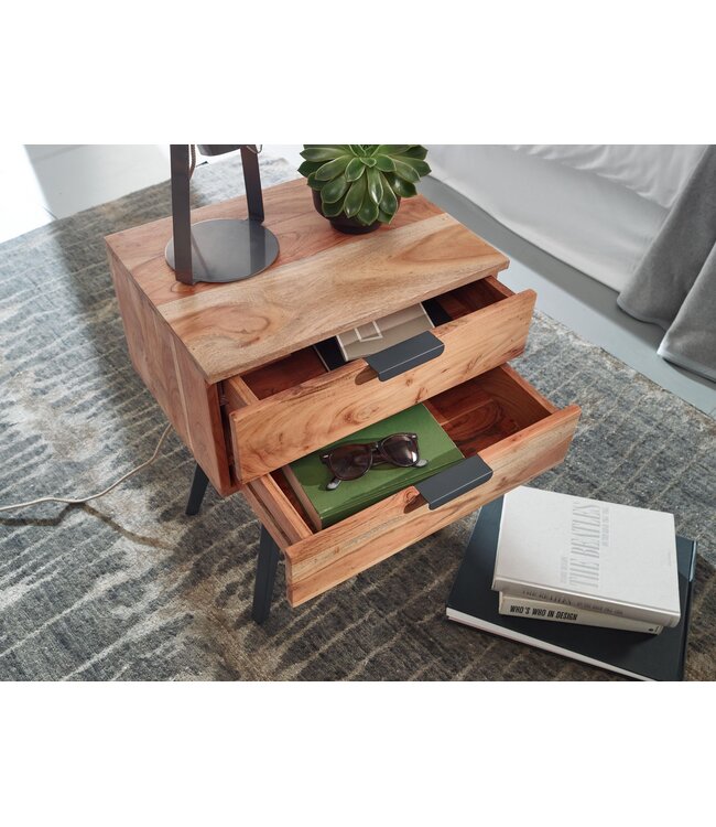 Wohnling Nachtkastje 47 x 65 x 35 cm Acacia Massief Hout Nachttafel Boxspringbed, Nachtkastje 2 Lades, Nachtkast Modern met Metalen Poten, Nachtkastje Massief