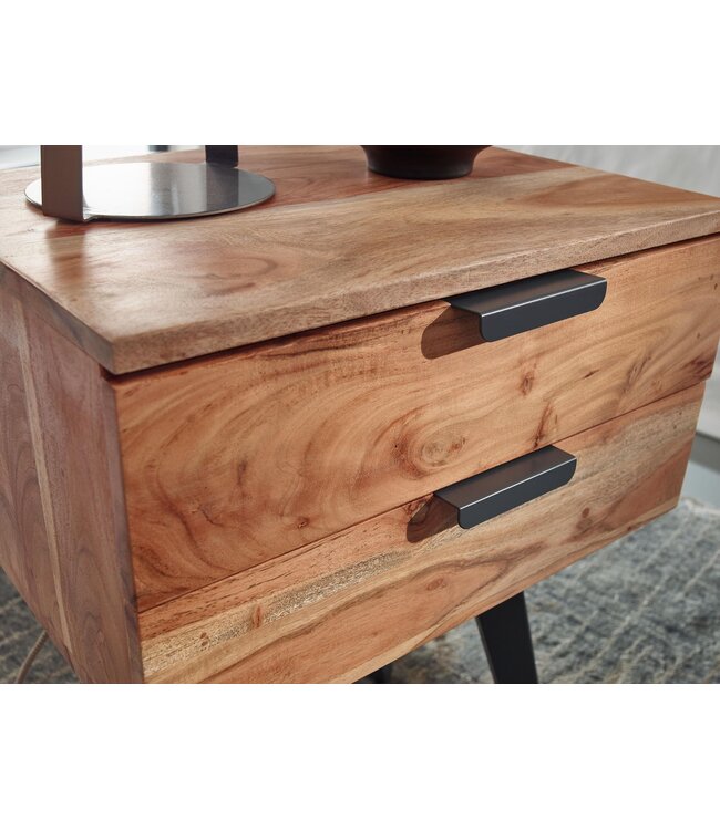 Wohnling Nachtkastje 47 x 65 x 35 cm Acacia Massief Hout Nachttafel Boxspringbed, Nachtkastje 2 Lades, Nachtkast Modern met Metalen Poten, Nachtkastje Massief