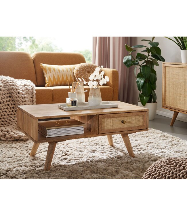 Wohnling salontafel 90x40x45 cm Mango massief houten salontafel rechthoekig | Houten tafel met opbergruimte | Salontafel met lade | Tafel woonkamer solide
