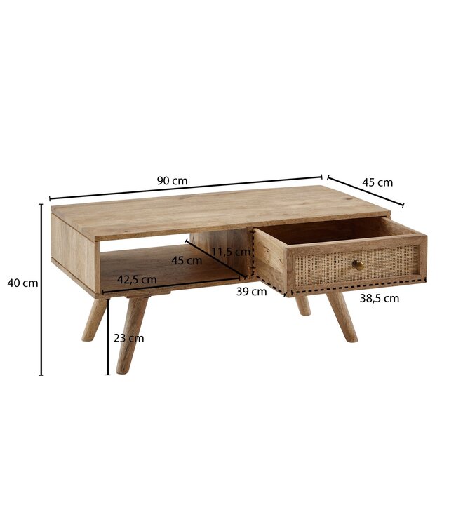 Wohnling salontafel 90x40x45 cm Mango massief houten salontafel rechthoekig | Houten tafel met opbergruimte | Salontafel met lade | Tafel woonkamer solide