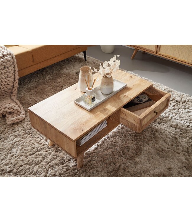 Wohnling salontafel 90x40x45 cm Mango massief houten salontafel rechthoekig | Houten tafel met opbergruimte | Salontafel met lade | Tafel woonkamer solide