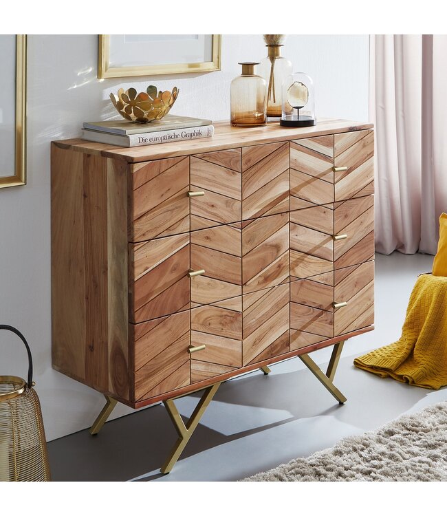 Wohnling dressoir 90x86,5x40 cm massief acaciahout / metalen dressoir | Ladekast met 3 lades | Hoge ladekast van massief hout | Staande kast woonkamer