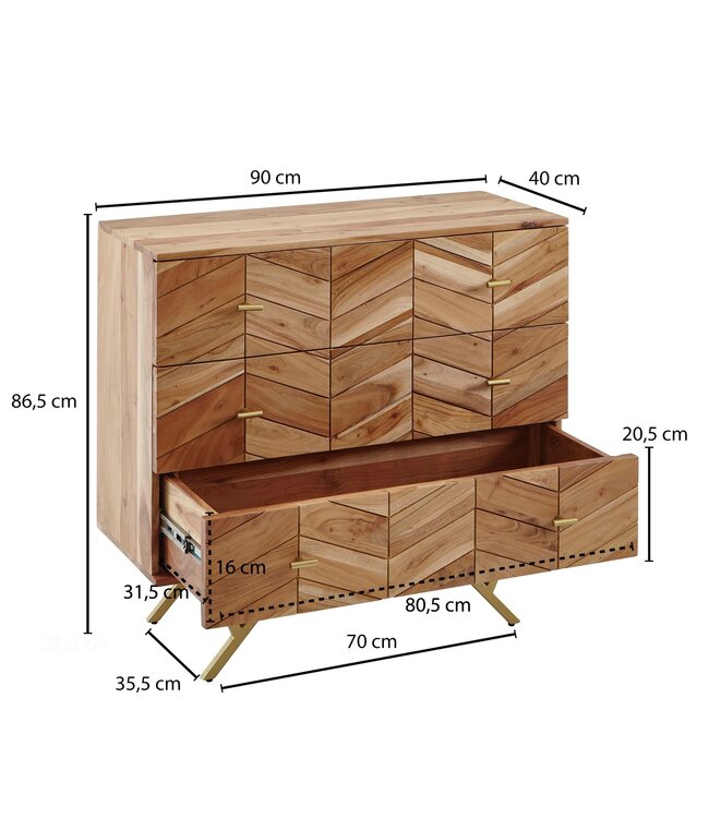 Wohnling dressoir 90x86,5x40 cm massief acaciahout / metalen dressoir | Ladekast met 3 lades | Hoge ladekast van massief hout | Staande kast woonkamer
