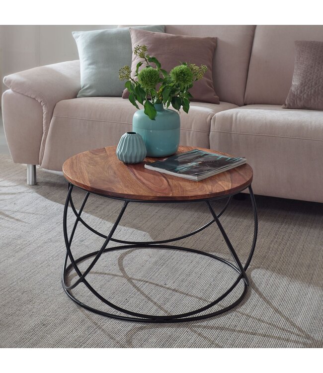 Wohnling Salontafel Sheesham Massief Hout / Metaal 60 x 40 x 60 cm, Ronde Massieve Bruine Woonkamertafel, Moderne Houten Sofatafel, Industriële Woonkamertafel