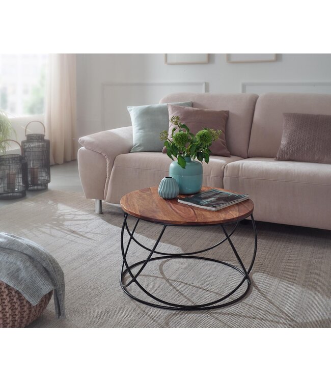 Wohnling Salontafel Sheesham Massief Hout / Metaal 60 x 40 x 60 cm, Ronde Massieve Bruine Woonkamertafel, Moderne Houten Sofatafel, Industriële Woonkamertafel