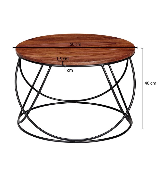 Wohnling Salontafel Sheesham Massief Hout / Metaal 60 x 40 x 60 cm, Ronde Massieve Bruine Woonkamertafel, Moderne Houten Sofatafel, Industriële Woonkamertafel