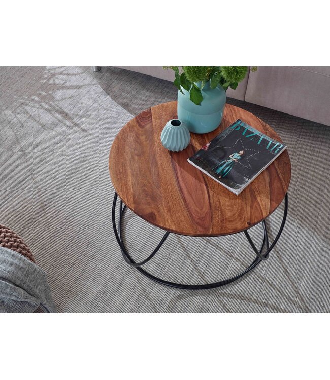 Wohnling Salontafel Sheesham Massief Hout / Metaal 60 x 40 x 60 cm, Ronde Massieve Bruine Woonkamertafel, Moderne Houten Sofatafel, Industriële Woonkamertafel