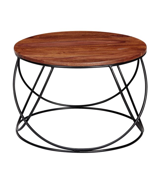 Wohnling Salontafel Sheesham Massief Hout / Metaal 60 x 40 x 60 cm, Ronde Massieve Bruine Woonkamertafel, Moderne Houten Sofatafel, Industriële Woonkamertafel